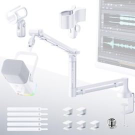 M05 pro Boom Arm, 360° Rotatable Microphone Stand with Desk Mount, Foldable Desk Mic Arm with 3/8'' to 5/8'' Screw Adapter, Microphone Arm for Live Streaming, Gaming (White)