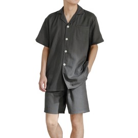 HAVEON Men's Pajamas, Spring/Summer, 100% Cotton, Top and Bottom Set, Short Sleeve, Sleep Improvement, Antibacterial, Odor Resistant, Breathable, Comfortable Sleep, Room Wear, Gauze Fabric, gray, L