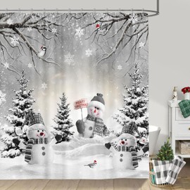Cortina de ducha de invierno de granja, linda cortina de ducha de muñeco de nieve, bosque de pino, escena de árbol de pino, para baño, rústico, Navidad, copo de nieve, día festivo, gris, accesorios de