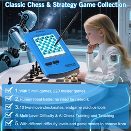 FunAiChess Handheld Electronic Chess Board,8-in-1 Chess Computer,2.9-inch HD Touch Screen,Smart Skill Training & Instruction,Perfect Travel Games Set Gift for Kids & Adults (Blue)
