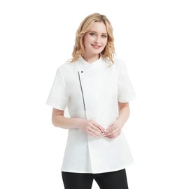 TOPTIE Women's Chef Coat With Contrast Piping Short Sleeve Chef Jacket