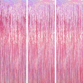 Voircoloria 3 Pack 3.3 x 6.6 ft Pink Foil Fringe Backdrop Curtains, Tinsel Streamers Party Decorations, Fringe Backdrop for Birthday, Baby Shower, Gender Reveal, Graduation