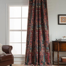 Tokusyou Boho Vintage Curtains, Opaque, Ethnic Curtains, Bohemian Linen Look, Red Jacquard Cotton, Rustic Curtain with Tassel, Rod Pocket for Bedroom, Kitchen, Set of 1, W 150 x H 220 cm