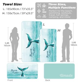 Umade Microfiber Oversized Extra Large Beach Bath Towel 73” x 35.5” Quick Dry, Sand Free, Compact, Lightweight for Travel, Swimming, Camping, Beach Accessories- Whale Tail Aqua Blue - Large (2 Sizes)