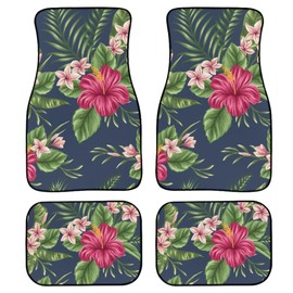 BENXINYA Floral Plant Car Mats Set of 4 Hawaiian Tropical Flowers Red Hibiscus Plumeria Green Leaves Floor Mats for Cars Non Slip Front Rear Vehicle Rugs Universal Auto Accessories for Trucks Sedans