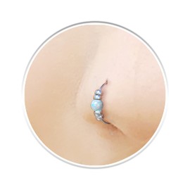 925 Silver Thin Fake Nose Ring With White Opal - 24 Gauge Tiny No Piercing Needed Faux Nose Hoop With Beads