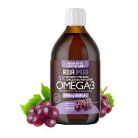 AquaOmega 5x Ultimate Strength High DHA Omega 3 Liquid - Fish Oil Omega 3 w/EPA & Vitamin D, Wild Caught Omega 3 Fish Oil Liquid, 4500mg of Fish Oil Liquid Omega 3 Supplements, Fish Oil Supplement, 450ml Grape