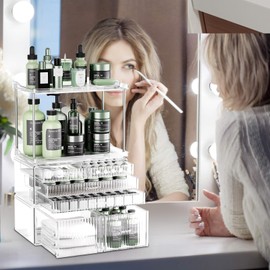 2-Tier 6-Drawer Bathroom Countertop Organizer : Multi-Purpose Makeup Organizer Countertop - Large Skincare Holder Exquisite Vanity Tray - Perfume & Skincare Storage Amber Clear