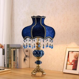 SANDYHA European Style Table Lamp with Fabric Lampshade Hand-Made Antique Varnished Resin Lampbody Victorian Style Table Lamp for Living Room Bedroom(Blue)