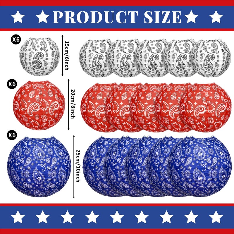 Baquler 18 Pcs Memorial Day Decorations Paper Lanterns Paisley Patriotic