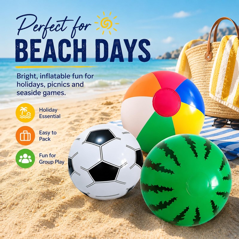 3 Pack Inflatable Beach Balls - Watermelon & Football Designs
