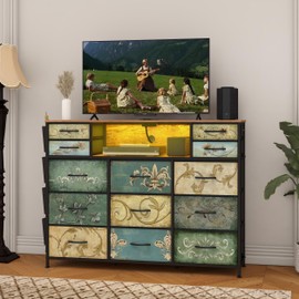 Tohomeor Dresser with Charging Station & LED Light Dresser with Fabric Drawers for Bedroom Chest of Drawers TV Stand with Power Oulet Retro Dresser with Open Shelf Nursery Storage (13 Drawers)