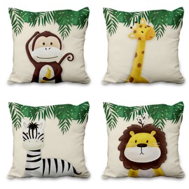Aoihrraan 22 x 22 Inch Cute Cartoon Animal Cushion Covers Forest Monkey Giraffe Floral Plant Beige Square Linen Baby Decorative Throw Pillow Cover Children's Party Kid Sofa Bed Car, 56x56cm Sets of 4