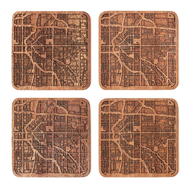 Denver Map Coaster, Set of 4, Sapele Wooden Coaster with