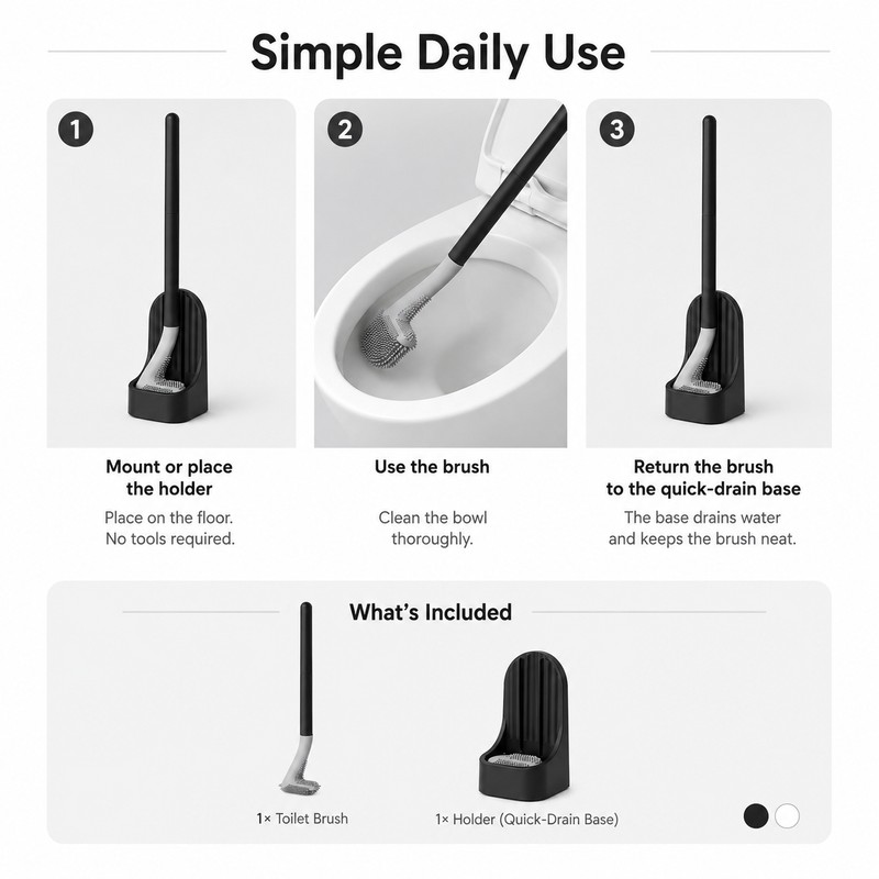 Wall-Mounted Toilet Brush with Base – Soft Rubber Cleaning Head