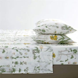 Wake In Cloud - Botanical Sheet Set, Yellow Flowers and Green Leaves Floral Garden Pattern Printed on White, Soft Microfiber Bedding (4pcs, King Size)