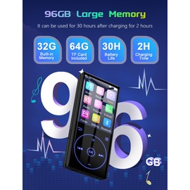 96GB MP3 Player with Bluetooth 5.0: Portable Lossless Sound Music Player with HD Speaker,2.4" Screen Voice Recorder,FM Radio,Touch Buttons,Support up to 64GB for Sport(Earphones&64GB TF Card Included)
