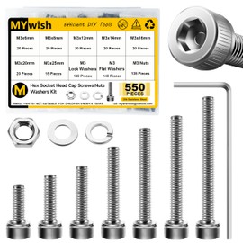 Mywish 550 Pcs M3 Screw Nuts and Bolts Assortment Kit, 304 Stainless Steel Hex Socket Head Cap Metric Screws Bolts, Spring & Flat Lock Washers/Hex Nuts/Wrenches, DIN912 M3*6/8/12/14/16/20/25