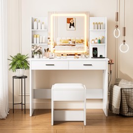 KAMABOKO Vanity Desk with Lighted Mirror, Makeup Vanity Table with 2 Drawers & Upholstered Stool, 3 Model Adjustable for Bedroom & Dressing Room