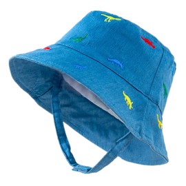 iNszkoos Kid Cartoon Dinosaur Sun Protection Hat with Chin Strap, Unisex Wide Brim Summer Holiday Cotton Bucket Cap Toddler Outdoor Breathable Beach Cap for 1-4Y Infants Baby Boys Girls Blue