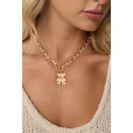 TOVABA U Shaped Lock Chain Necklace for Women Cute Chunky Gold Bear with Cubic Zirconia Statement Necklace Jewelry, Brass, No Gemstone