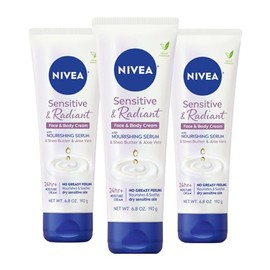 NIVEA Sensitive and Radiant Face and Body Cream for Dry, Sensitive Skin, Vegan Body and Face Moisturizer with Shea Butter and Aloe Vera, 6.8 Oz Tube, Pack of 3