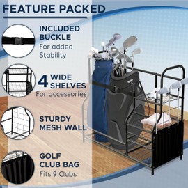 Morvat Golf Storage Bag Organizer, Fits Two Golf Bags, Metal Durable Rack Stand for Golfing Equipment, Golf Balls & Accessories, for Home, Garage, Basement, Shed (Style 2)