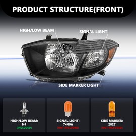 Aosky Halogen Type Headlight Assembly Set Replacement for 2008-2010 Toyota Highlander Black Headlamps Driver and Passenger Side Bulbs Included