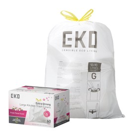 EKO 21 Gallon / 50-90 Liter, 60 Count Drawstring Trash Bags, Extra-Strong Garbage Bags, Fresh Floral Scent with Continuous Odor Control, Easy-Dispense Roll for Kitchen and Household Use, Code G, White