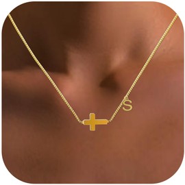ECOOLOC 14K Gold Plated Dainty Cross Pendant Necklace for Women with Initial Letter– Elegant Religious Jewelry for Mother’s Day Gifts from Daughter Son, Adjustable Choker Chain