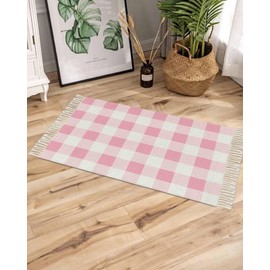 Area Rug 2x3 ft Pink Plaid Tassel Rug Boho Rugs for Bedroom Spring Buffalo Check Stripe Woven Area Rug Floor Carpet Washable Front Door Mat for Living Room Bathroom Entryway Office Dorm Indoor Outdoor
