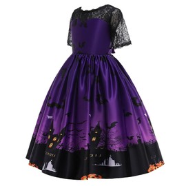 UPENC 130 Witch Girl Halloween Costume, Children, Devil, Cute, Popular, Dress, 4 Piece Set, 4 Pieces (120 - 160 cm), 5 Sizes Purple, Cosplay, Kids, Short Sleeve, Race, Parties, Events, Performance