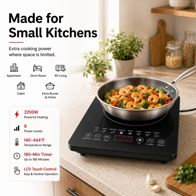 Portable Induction Cooktop, 110V Countertop Single Burner - 8 Power