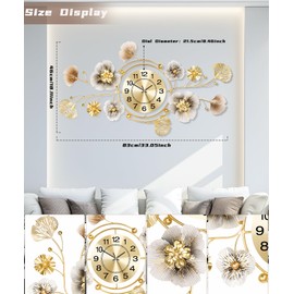 JXQXYN Wall Clock, Clocks for Living Room, Silent Wall Clock Decorative, 3D Retro Metal Ginkgo Leaf Design, for Office Bedroom Kitchen Clock(33''x18'')