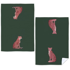 JFFTLL Trendy Preppy Pink Cute Leopard Kitchen Towels, Funky Retro Green Cheetah Print Decorative Dish Tea Towels for Kitchen, Girly Aesthetic Hand Towel for Bathroom Decor, 16x24 Inch Set of 2