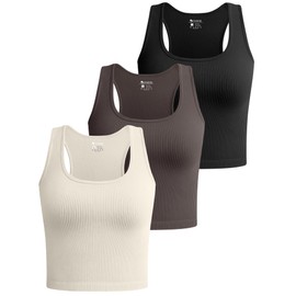 OQQ Women's 3 Piece Crop Tank Tops Ribbed Seamless Workout Sleeveless Shirts Racerback Crop Tops Black Tea Leaf Beige