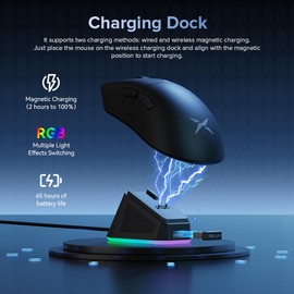 DeLUX Ergonomische Gaming Maus Kabellos M900PRO, 8000Hz Polling Rate, 63g Leicht, PAW3395 Sensor, 26000DPI, Huano Schalter, mit Magnetischer Ladestation (Schwarz)
