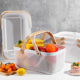 4 Pcs Plastic Mesh Garden Harvest Basket Storage Mesh Basket with Wooden Handle Multi Functional Mesh Basket for Kitchen Cabinet Picnic Fruit Vegetable Gathering Organizer (White, Large)