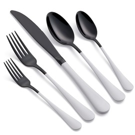 Onlycooker 20-Piece Black Silverware Set 18/0 Stainless Steel Flatware White Handle Cutlery Set Service for 4 Dinner Knives Forks Spoons Set Mirror Finish Dishwasher Safe