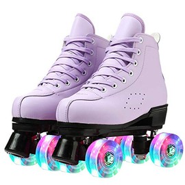 Roller Skates for Women and Men Cowhide High-Top Shoes Classic Double-Row Roller Skates Four-Wheel Roller Skates for Men Girls Unisex (Purple Flash,45=US:10)