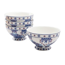 Gracie China Blue Floral Footed Cereal/Dessert Bowl, 6-inch, 16-Ounce (Set of 4)