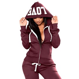 JIHUILAI Burgundy Sweat Suits For Womens 2 Piece Women Sweatsuit Tracksuit Long Sweatpants Set 2XL