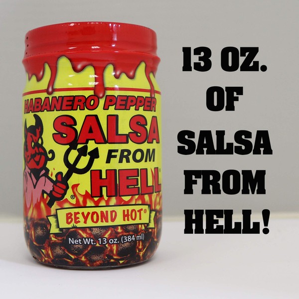Habanero Pepper Hot Spicy Salsa From Hell - 13 oz. - Premium Gourmet Spicy Hot Habanero Salsa for Chips, Veggies, and Breakfast Burritos – Warning - Try if you Dare!