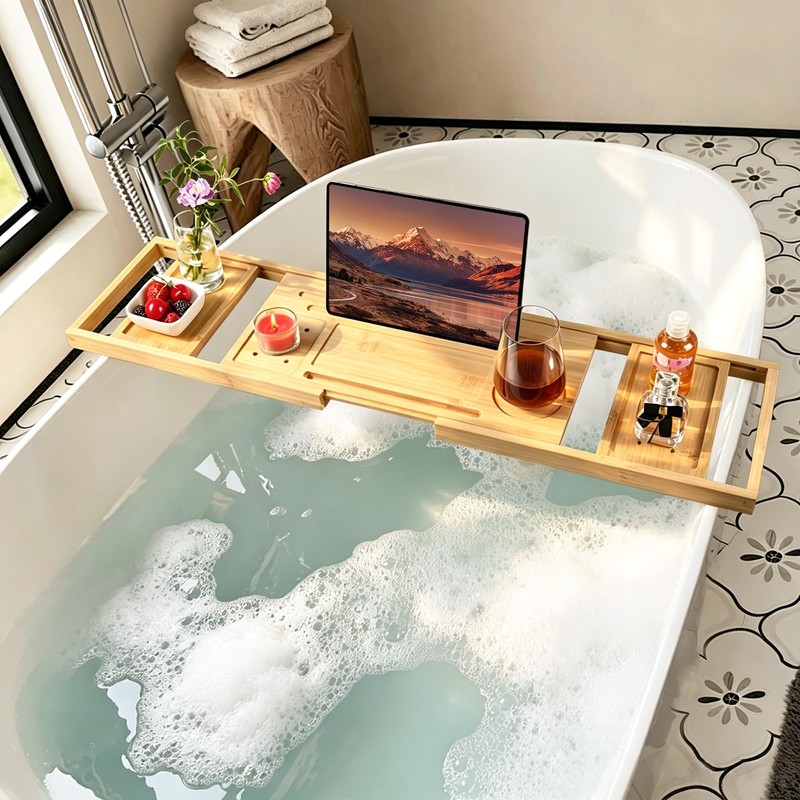Utoplike Bamboo Bathtub Tray Caddy for Tub, Bath Table Bathroom