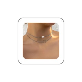 Andelaisi Bohemian Layered Pearl Necklace Choker Silver Hollow Circle Pendant Necklace Vintage Pearl Choker Necklace Geometric Karma Circle Necklace Jewelry for Women