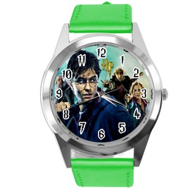 Green Leather Round Quartz Watch for Wizard Fans E3