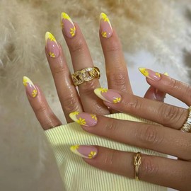Yellow Press on Nails Medium Almond Yellow French Tip False Nails Flower Fake Nails with 3D Pearl Designs Summer Floral Stick on Nails Cute Artificial Nails Medium Glue on Nails for Women 24Pcs