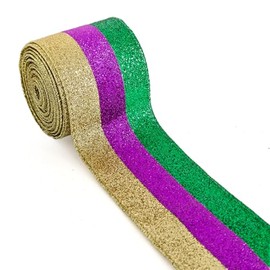 LINGMIN Mardi Gras Ribbon Wired Edge, 2.5" X 10 Yards Purple Green Gold Metallic Glitter Wired Ribbon for Mardi Gras Carnival Masquerade Party Decoration DIY Crafts Wrapping Gifts Wreaths Bow