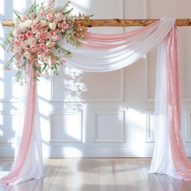 Wedding Arch Draping Fabric, 1 Panel 28" x19ft White Wedding Arch Drapes & 1 Panel 16" x19ft Rose Gold Sequin Fabric Drapes Arbor Backdrop Curtain for Wedding Arch Ceremony Bridal Shower Reception