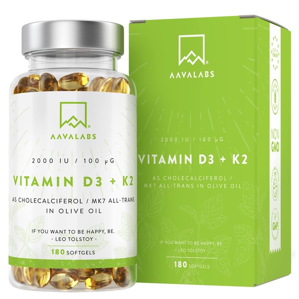 Vitamin D3 K2 with Virgin Olive Oil (2,000 IU Vitamin D with K2 Vitamin 100 μg] - 180 High Strength Vitamin K2 MK7 and Vitamin D Capsules - GMO, Gluten and Lactose Free D3 and K2 Vitamin
